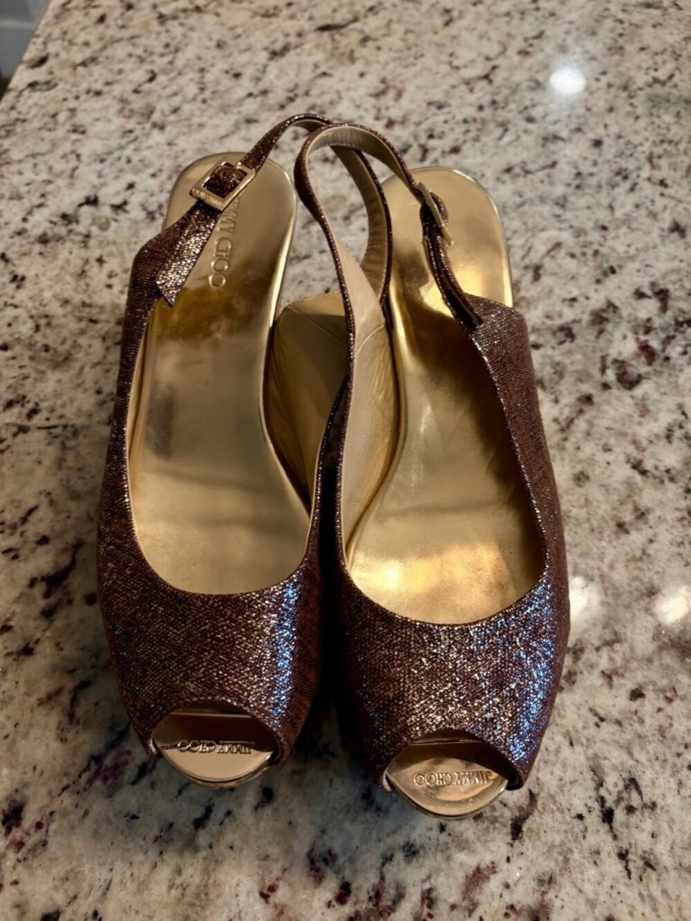 Jimmy Choo Praise Metallic Gold Slingback Wedge Heels 39.5